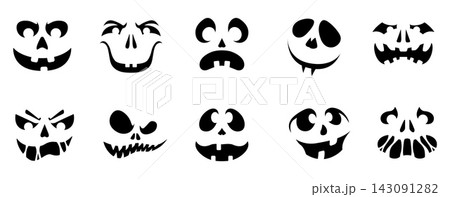 Cartoon Halloween scary and funny pumpkin emoji faces of Jack o lantern ghost characters silhouettes. Happy, sad, angry, evil, goofy and vampire expressions. Pumpkin carving stencils with creepy grins 143091282