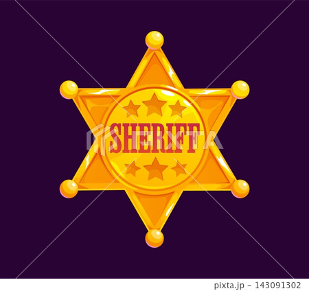 Wild West golden sheriff star badge with six pointed tips, ball ends, decorative small stars and bold red text. Cartoon western police officer star shield for cowboy party or Wild West game UI Wild West golden sheriff star badge with six pointed tips, ball ends, decorative small stars and bold red text. Cartoon western police officer star shield for cowboy party or Wild West game UI 143091302