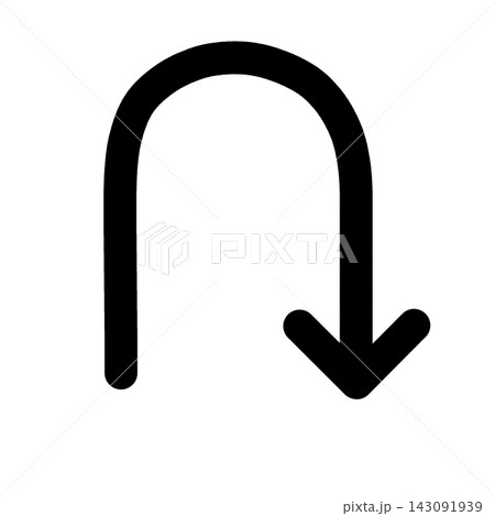 右側へ折り返して下を向く黒いUターン矢印　シンプルな方向転換アイコン・背景透過PNG 143091939