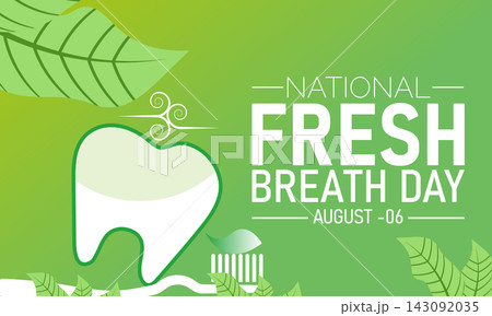 National Fresh Breath Day. Vector illustration with mouthwash bottle,toothbrush,leaf icon. celebrated in August. Perfect for banners, posters,card,background,Header design, social media. 143092035