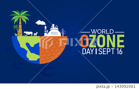 World ozone day graphic with earth half split showing industry ozone layer air quality september industry pollution environment illustration celebration awareness conservation building 143092081