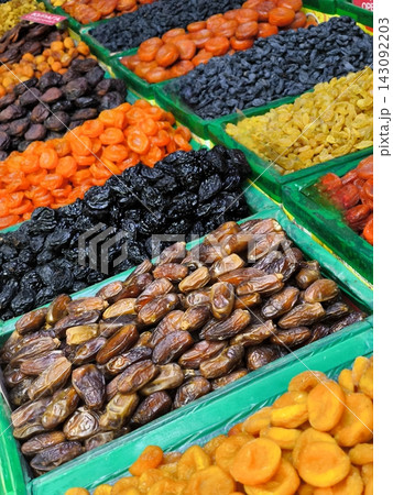 A colorful assortment of dried fruits at the market A colorful assortment of dried fruits at the market 143092203