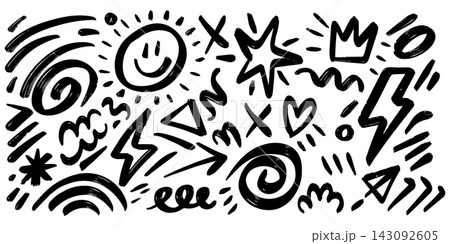 Hand drawn ink doodle set with fun scribbles lines abstract shapes and symbols on white background 143092605