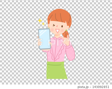 スマホの画面を見せる笑顔の女性 スマホの画面を見せる笑顔の女性 143092851