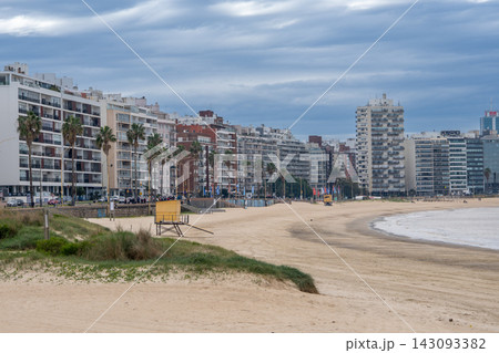Montevideo Playa de los Pocitos Beach Sand Ocean Waterfront Buildings Montevideo Playa de los Pocitos Beach Sand Ocean Waterfront Buildings 143093382