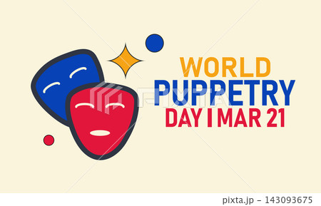 World Puppetry Day, March 21 Vector, Marionette Strings Hands Stage, Blue Ribbon Awareness Poster, Flat Design Theater Performance Art Banner Illustration Stock Graphic 143093675