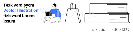 Education, e-commerce, business planning, online work, study materials, digital lifestyle. A person using a laptop, a shopping bag and two stacked books. Education and e-commerce concept Education, e-commerce, business planning, online work, study materials, digital lifestyle. A person using a laptop, a shopping bag and two stacked books. Education and e-commerce concept 143093827