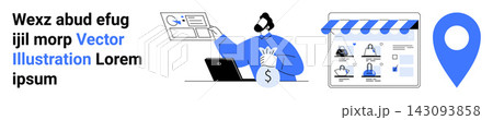 Online shopping, e-commerce, business transactions, digital payments, storefront concepts, location tracking. Person holding money with a laptop, storefront and a map pin. Online shopping Online shopping, e-commerce, business transactions, digital payments, storefront concepts, location tracking. Person holding money with a laptop, storefront and a map pin. Online shopping 143093858
