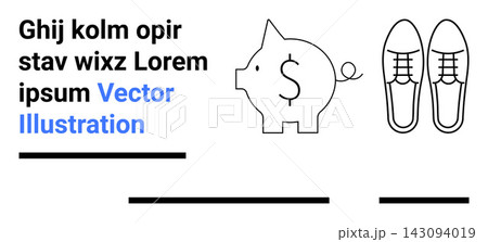 Financial planning, business saving, economic concepts, minimalism, footwear industry, textual placeholders. Piggy bank with dollar sign and shoes alongside text. Financial planning and business Financial planning, business saving, economic concepts, minimalism, footwear industry, textual placeholders. Piggy bank with dollar sign and shoes alongside text. Financial planning and business 143094019