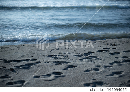 午後の日差しが照らす海辺の砂浜と残された足跡 午後の日差しが照らす海辺の砂浜と残された足跡 143094055