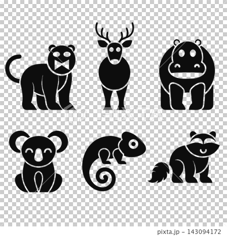 The image shows a set of six black and white cartoon animal vector icons 143094172