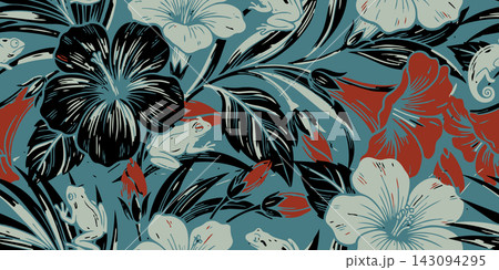 Stylized tropical botanical artwork with oversized hibiscus blooms, small frogs, fish shapes, and sweeping leaves in teal, red, cream, and black for wallpaper, textile, wrapping, and surface design. 143094295