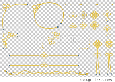A set of elegant Japanese-style frames and decorations made with mizuhiki (yellow tones). A set of elegant Japanese-style frames and decorations made with mizuhiki (yellow tones). 143094469