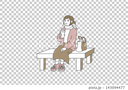 Autumn outing/rest / Woman sitting on a bench drinking a beverage 143094477