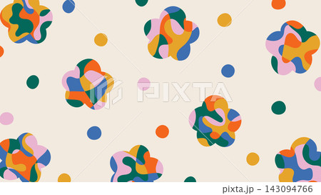 Retro groovy pattern with colorful abstract flowers and polka dots. Retro groovy pattern with colorful abstract flowers and polka dots. 143094766