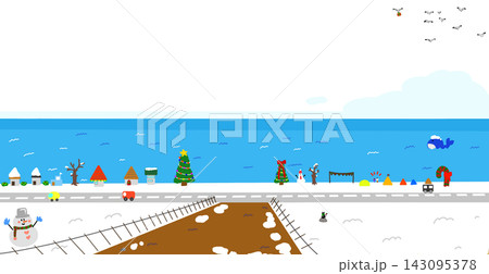 海辺のホワイトクリスマス 雪が降る冬の海岸の背景壁紙 143095378