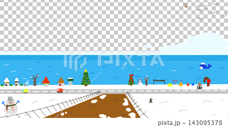 海辺のホワイトクリスマス 雪が降る冬の海岸の背景壁紙 143095378