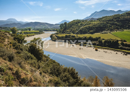 Autumn landscape of mountains with hills, river, and forests 143095506
