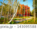 Modern orange apartment building surrounded by birch trees and green lawn under clear blue sky  143095588