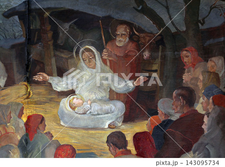 Birth of Jesus, altarpiece in parish church of Saint Mark in Zagreb, Croatia 143095734