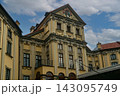 A view of Nesvizh Castle from the courtyard, cloudy sky. Belarus 143095749