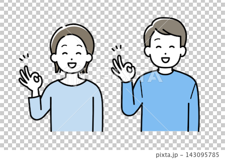 Illustration of a young man and woman making an OK sign. Illustration of a young man and woman making an OK sign. 143095785