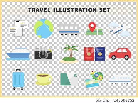 パスポートやスーツケースや飛行機など旅行用品をあしらった観光・トラベルイラストセットベクター素材 143095852