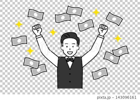 A male restaurant employee cheers as banknotes fly around. A male restaurant employee cheers as banknotes fly around. 143096161