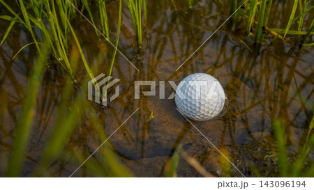 Golf ball in water hazard. Golf ball in water hazard. 143096194