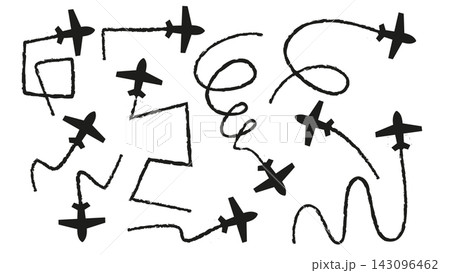 Plane icon set with flight path trail. Plane icon set with flight path trail. 143096462