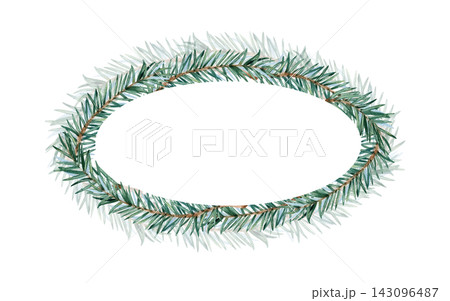 Watercolor spruce branches ellipse oval horizontal frame with copy space. Hand drawn fir twigs round template, banner. Illustration isolated on white background. Festive card in rustic style Watercolor spruce branches ellipse oval horizontal frame with copy space. Hand drawn fir twigs round template, banner. Illustration isolated on white background. Festive card in rustic style 143096487