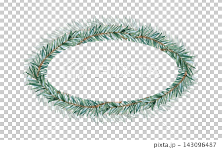 Watercolor spruce branches ellipse oval horizontal frame with copy space. Hand drawn fir twigs round template, banner. Illustration isolated on white background. Festive card in rustic style Watercolor spruce branches ellipse oval horizontal frame with copy space. Hand drawn fir twigs round template, banner. Illustration isolated on white background. Festive card in rustic style 143096487