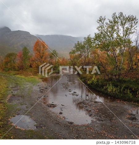Rough off-road track with puddles in mountain valley for 4x4 expedition Rough off-road track with puddles in mountain valley for 4x4 expedition 143096718