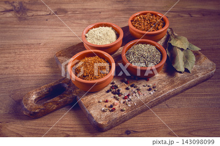 Georgian spices, in ceramic bowls, assortment, set of spices, utsho, adjika, Svan salt, ground coriander, top view, no people, Georgian spices, in ceramic bowls, assortment, set of spices, utsho, adjika, Svan salt, ground coriander, top view, no people, 143098099