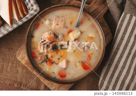 Finnish fish soup, lohikeito soup, creamy fish soup, rustic style Finnish fish soup, lohikeito soup, creamy fish soup, rustic style 143098113