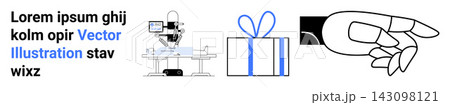 Robotics, surgery, gifting, directions, minimalism, design. Robotic arm in surgery setup, a gift box and a hand pointing gesture. Robotics and gifting concepts in minimalist design Robotics, surgery, gifting, directions, minimalism, design. Robotic arm in surgery setup, a gift box and a hand pointing gesture. Robotics and gifting concepts in minimalist design 143098121