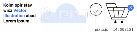 E-commerce, environment, notifications, cloud storage, online shopping, digital communication. Minimal vector design of a cart icon with a notification badge, a cloud and a tree. E-commerce E-commerce, environment, notifications, cloud storage, online shopping, digital communication. Minimal vector design of a cart icon with a notification badge, a cloud and a tree. E-commerce 143098181