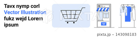 E-commerce, online retail, small business, shopping platforms, clothing, digital transactions. Shopping cart, storefront and clothing rack icons displayed. E-commerce and online retail 143098183