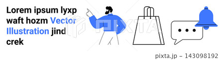 Online shopping, business communication, alerts, notifications, messaging, customer service. Human figure pointing, shopping bag speech bubble and notification bell. Online shopping and business 143098192