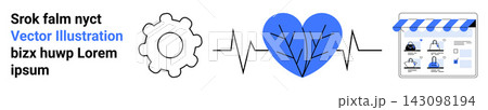 Business processes, health services, e-commerce, online operations, technology integration, heartbeat monitoring. Gear, heart with heartbeat line storefront. Business processes and health services 143098194