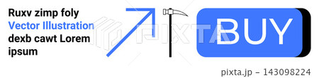 E-commerce, digital buying, online store interface, shopping buttons, graphic design, minimal vector art. Blue buy button with arrow and sickle icon alongside text. E-commerce and online store 143098224