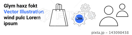 Online business, customer relationship management, shopping workflow, user networking, digital marketing, and transactions. Shopping bag, CRM gears and user figures . E-commerce and CRM processes 143098438