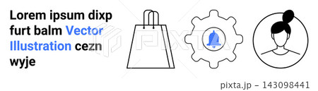 E-commerce, user interface, notifications, online shopping, digital identity, app development. Shopping bag, gear with notification bell user profile. E-commerce and user interface concept 143098441