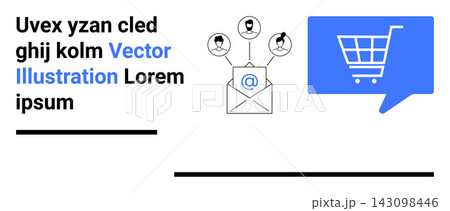 E-commerce, email marketing, customer engagement, digital services, online shopping, networking. Shopping cart icon and envelope graphic with user icons. E-commerce and email marketing concept 143098446