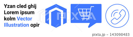 E-commerce, digital communication, customer service, cybersecurity, online shopping, data protection. Blue symbols include a cart in a speech bubble, a hexagonal shield and a phone icon. E-commerce E-commerce, digital communication, customer service, cybersecurity, online shopping, data protection. Blue symbols include a cart in a speech bubble, a hexagonal shield and a phone icon. E-commerce 143098483