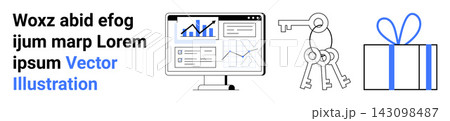 Business analytics, cybersecurity, gift giving, data security, decision-making, e-commerce. A monitor displaying analytics, a keyring and a gift box. Business analytics and cybersecurity concept Business analytics, cybersecurity, gift giving, data security, decision-making, e-commerce. A monitor displaying analytics, a keyring and a gift box. Business analytics and cybersecurity concept 143098487