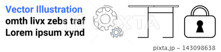 Business security, teamwork, workplace design, data protection, engineering, mechanics. Gear icons, desk drawing secure padlock. Business security and teamwork illustrated Business security, teamwork, workplace design, data protection, engineering, mechanics. Gear icons, desk drawing secure padlock. Business security and teamwork illustrated 143098638