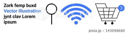 E-commerce, connectivity, online browsing, digital shopping, mobile apps, technology infrastructure. Shopping cart, wireless symbol and magnifying glass icons. E-commerce and connectivity concept 143098680
