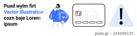 Financial security, decision making, online transactions, fraud alerts, cautious spending, ecommerce concerns. A person thinking near credit card and warning symbol. Financial security and decision Financial security, decision making, online transactions, fraud alerts, cautious spending, ecommerce concerns. A person thinking near credit card and warning symbol. Financial security and decision 143099135