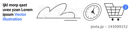 Time management, online shopping, digital notifications, task prioritization, internet commerce, organization. Shopping cart with notification, a clock and abstract shapes. Time management 143099152